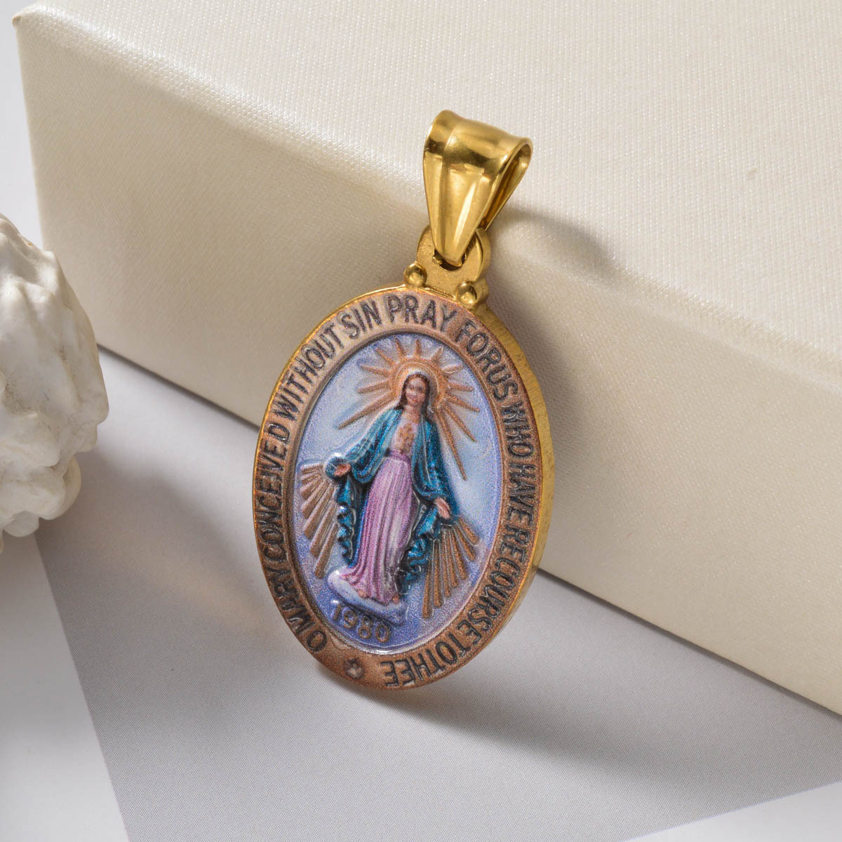Stainless Steel Virgin Mary Double-Sided Pendant Necklace
